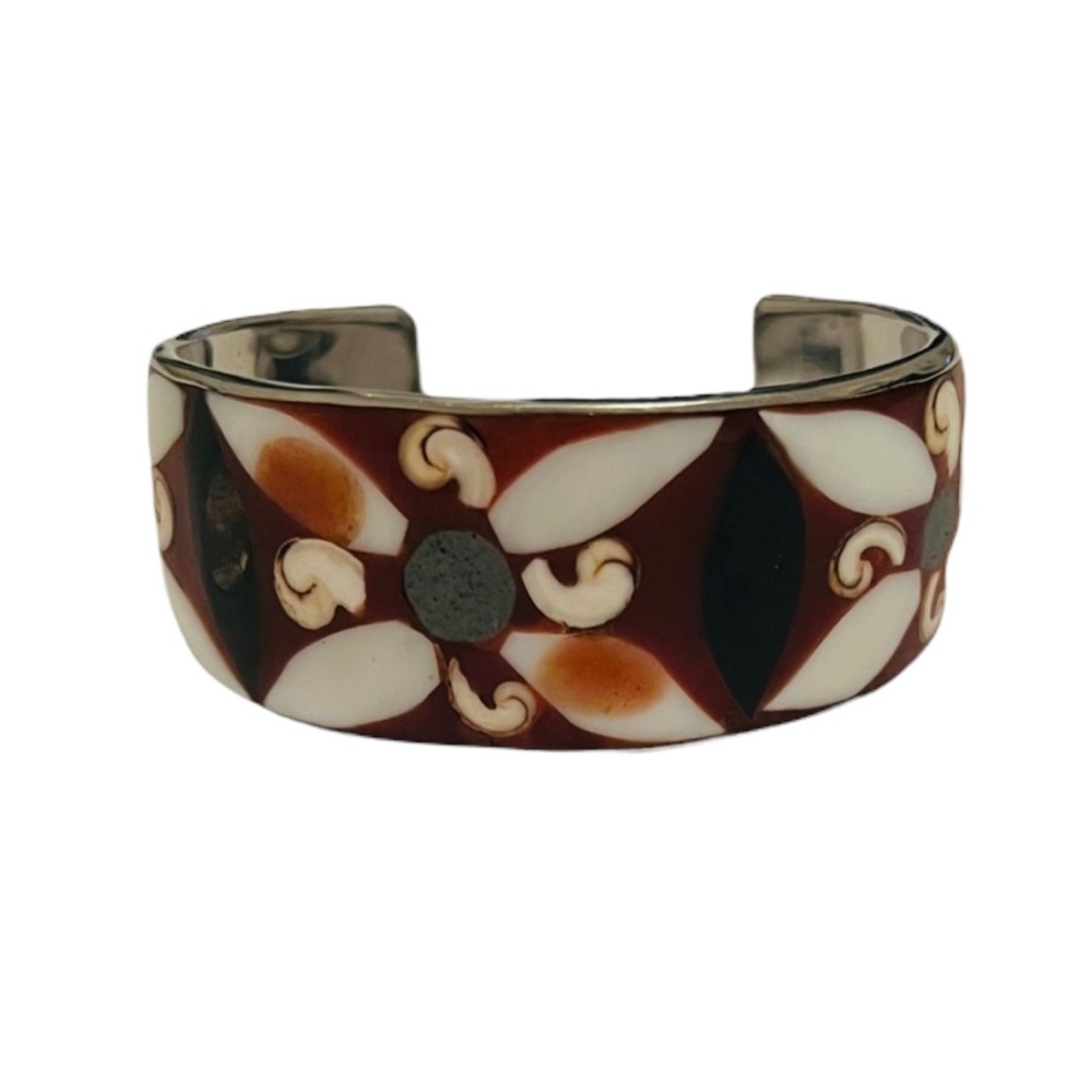 Vintage Cuff Style Floral White and Brown Bracelet